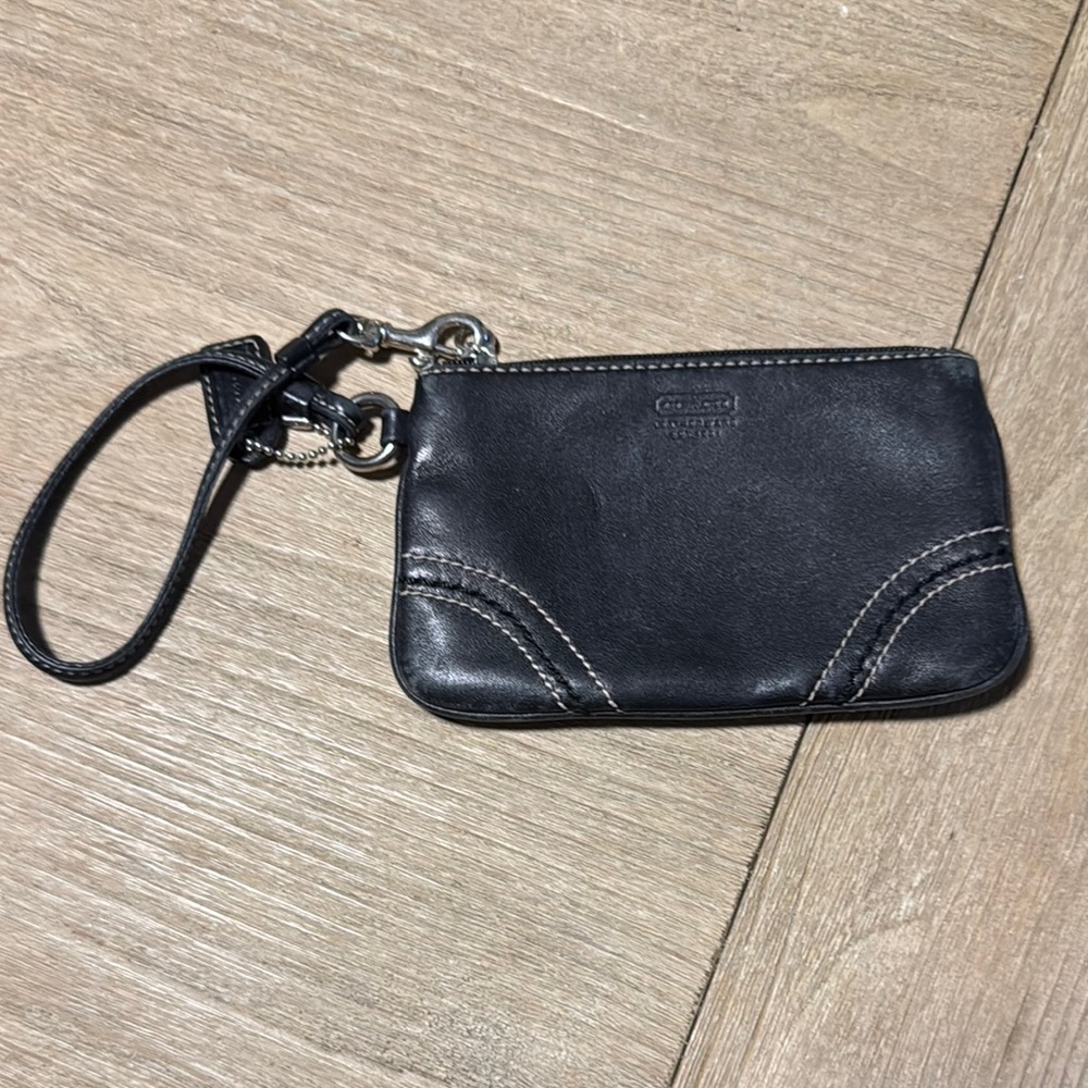 Coach Black Leather Wristlet with Silver Accents